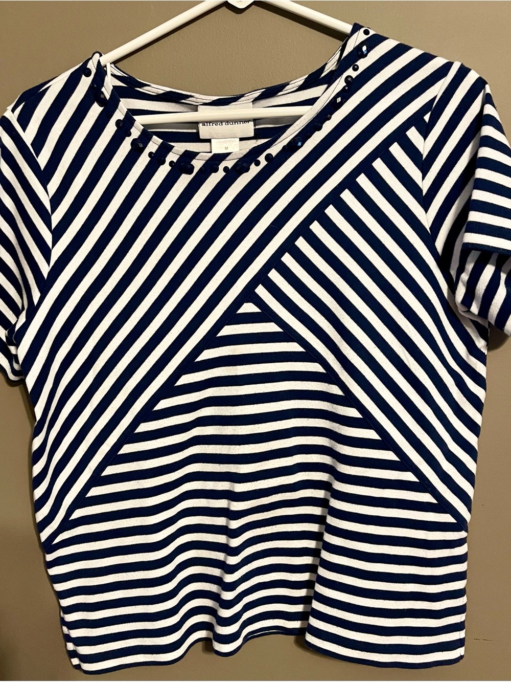 Alfred Dunner Navy & White Striped Short Sleeve Tee with Diagonal Panel